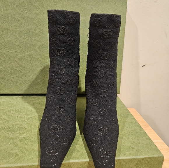 $1,200 GUCCI Demi 75mm logo-jacquard metallic knit ankle boots size 39 US 9 NIB - Picture 5 of 10